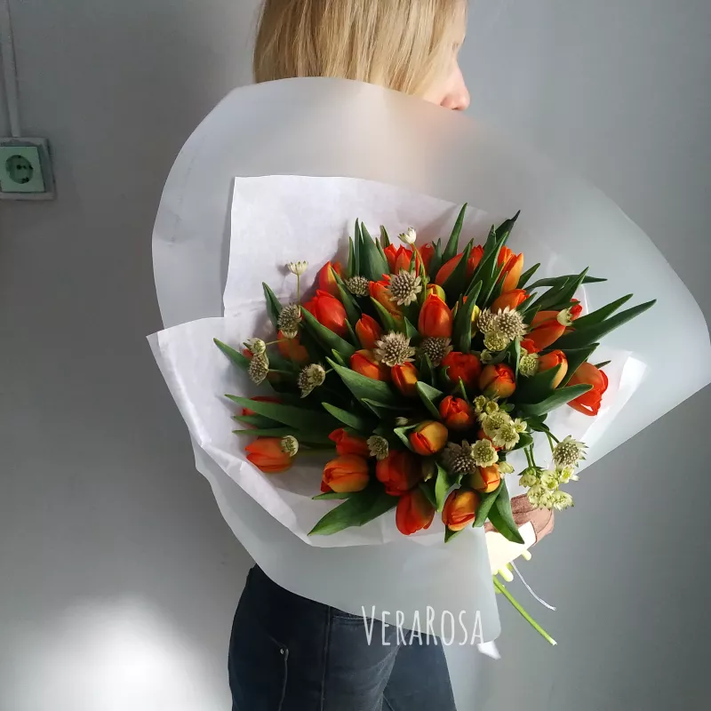 Букет с тюльпанами «Букет из 25  оранжевых тюльпанов » 2